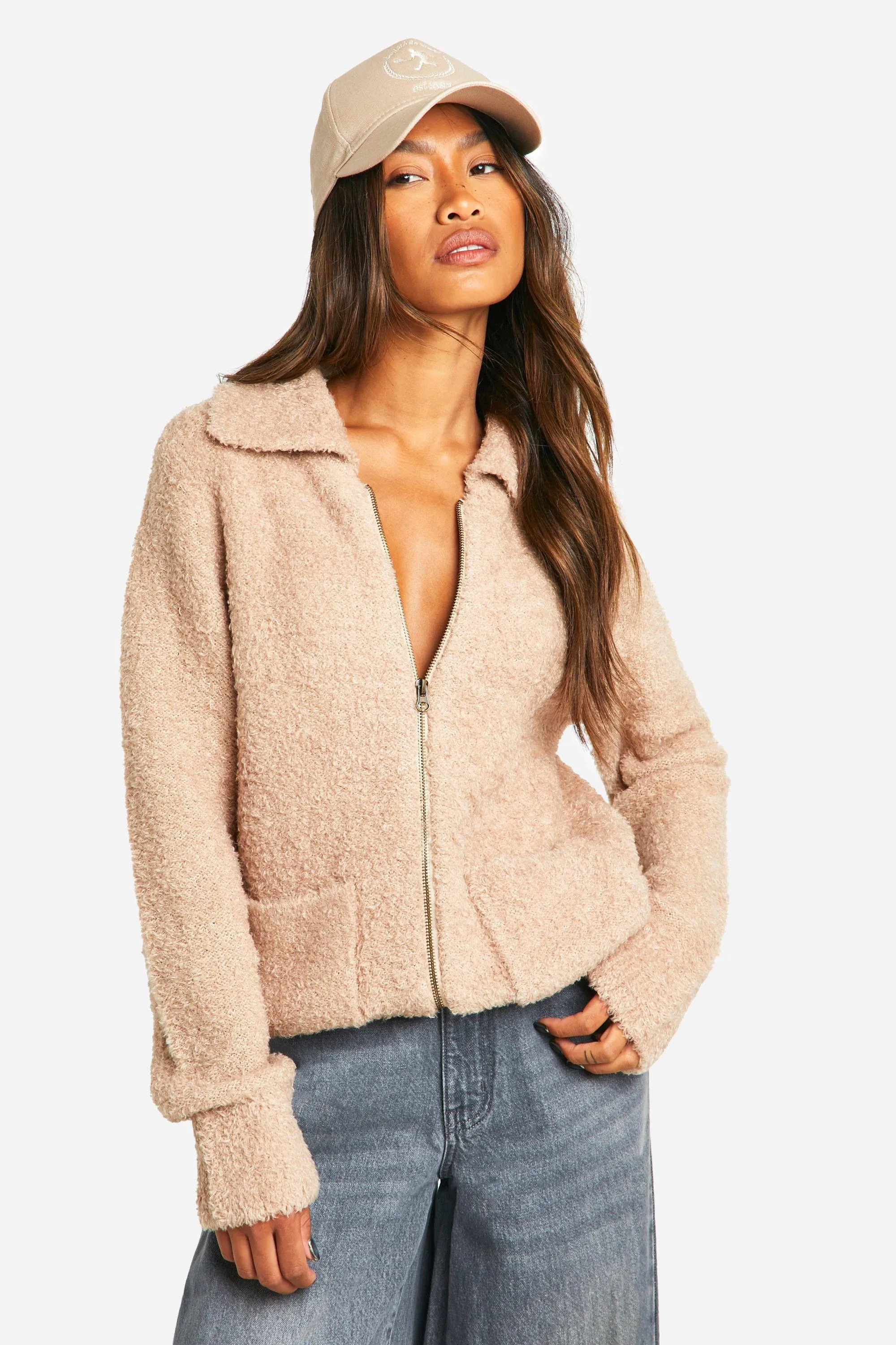 Soft Knit Boucle Zip Through Collared Knitted Bomber