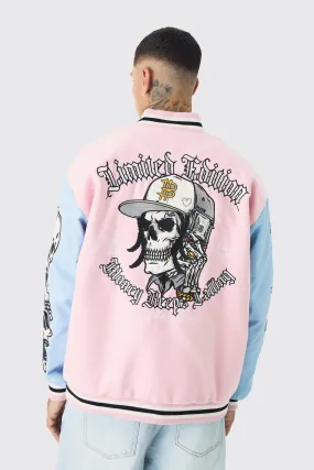 Tall Limited Edition Skull Applique Pu Sleeve Bomber Jacket