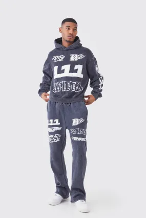 Tall Oversized Boxy Ribbed Puff Print Wash Hooded Tracksuit