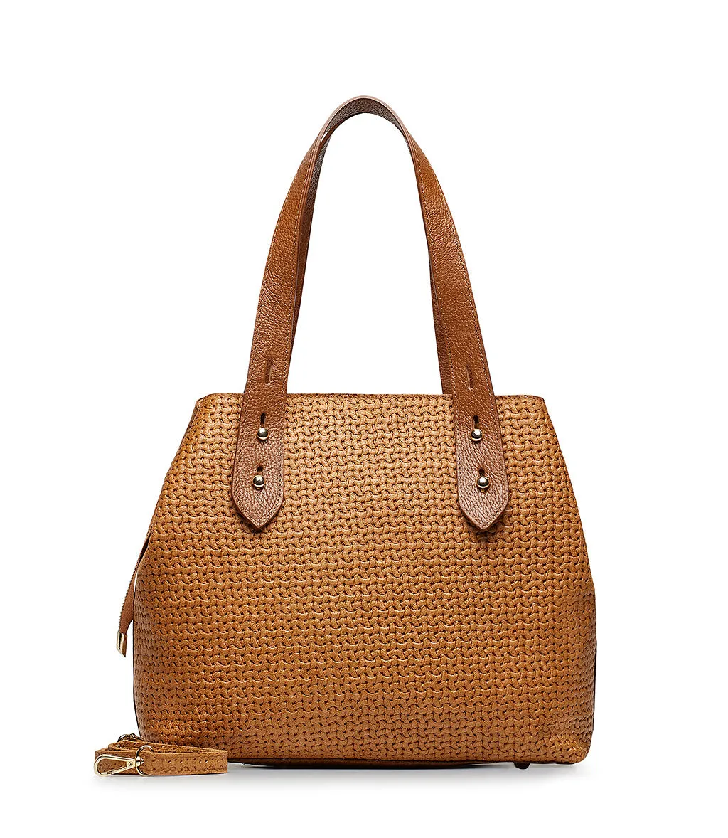 Tan woven leather tote bag