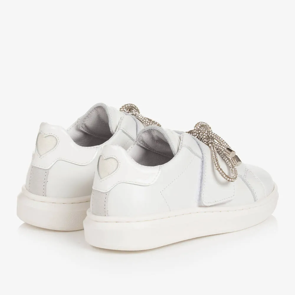 Teen Girls White Leather Bow Trainers