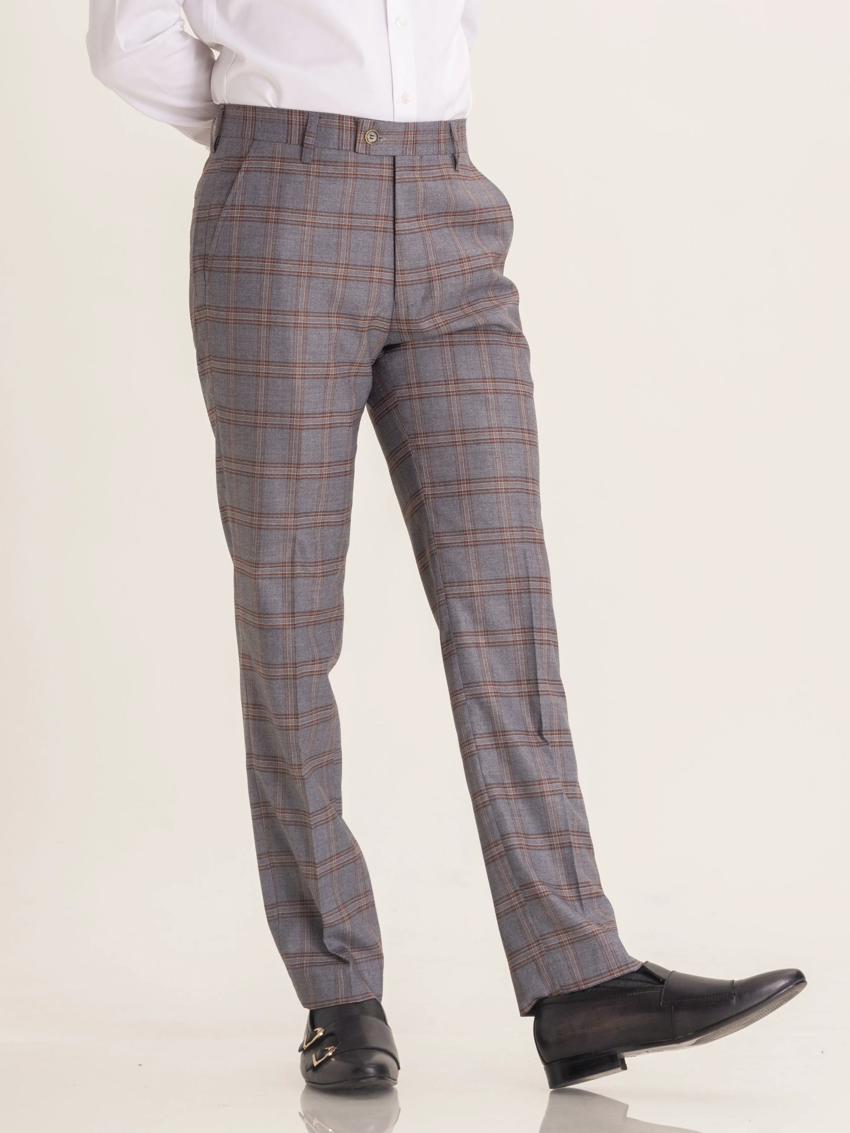 Trousers With Belt Loop - Grey with Brown Checkered (Stretchable)