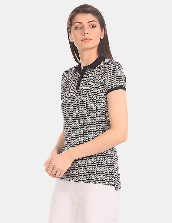 U.S. Polo Assn. Women Cotton Stretch All-Over Brand Print Polo Shirt