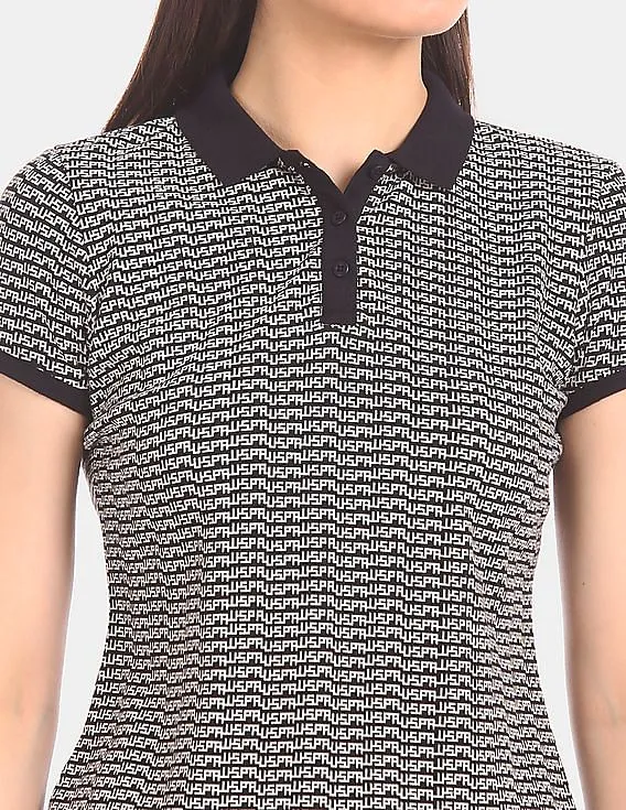 U.S. Polo Assn. Women Cotton Stretch All-Over Brand Print Polo Shirt