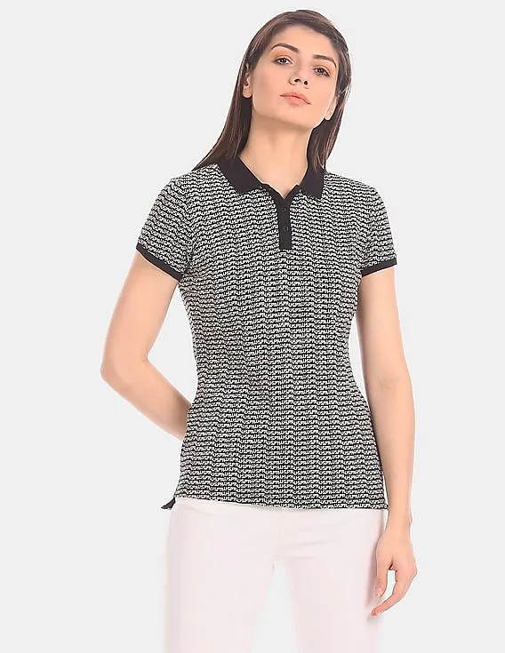 U.S. Polo Assn. Women Cotton Stretch All-Over Brand Print Polo Shirt