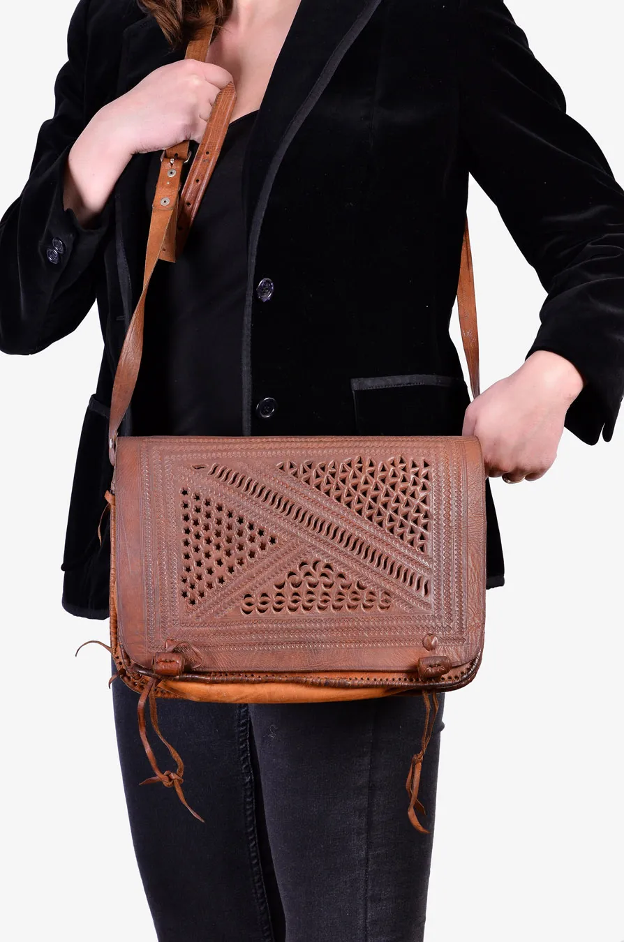 Vintage 1970's Tooled Leather Shoulder Bag - Brick Vintage