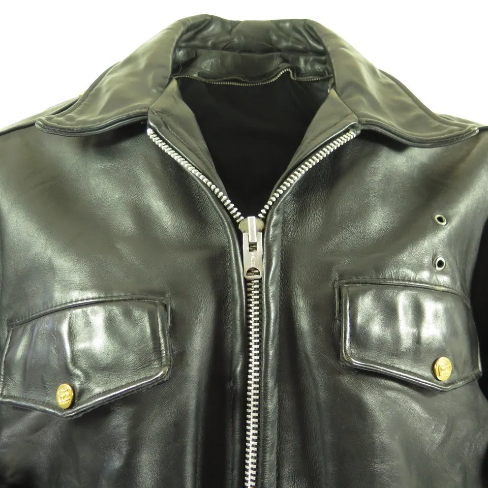 Vintage 60s New Jersey Police Biker Leather Jacket Mens 48 Motorcycle Black