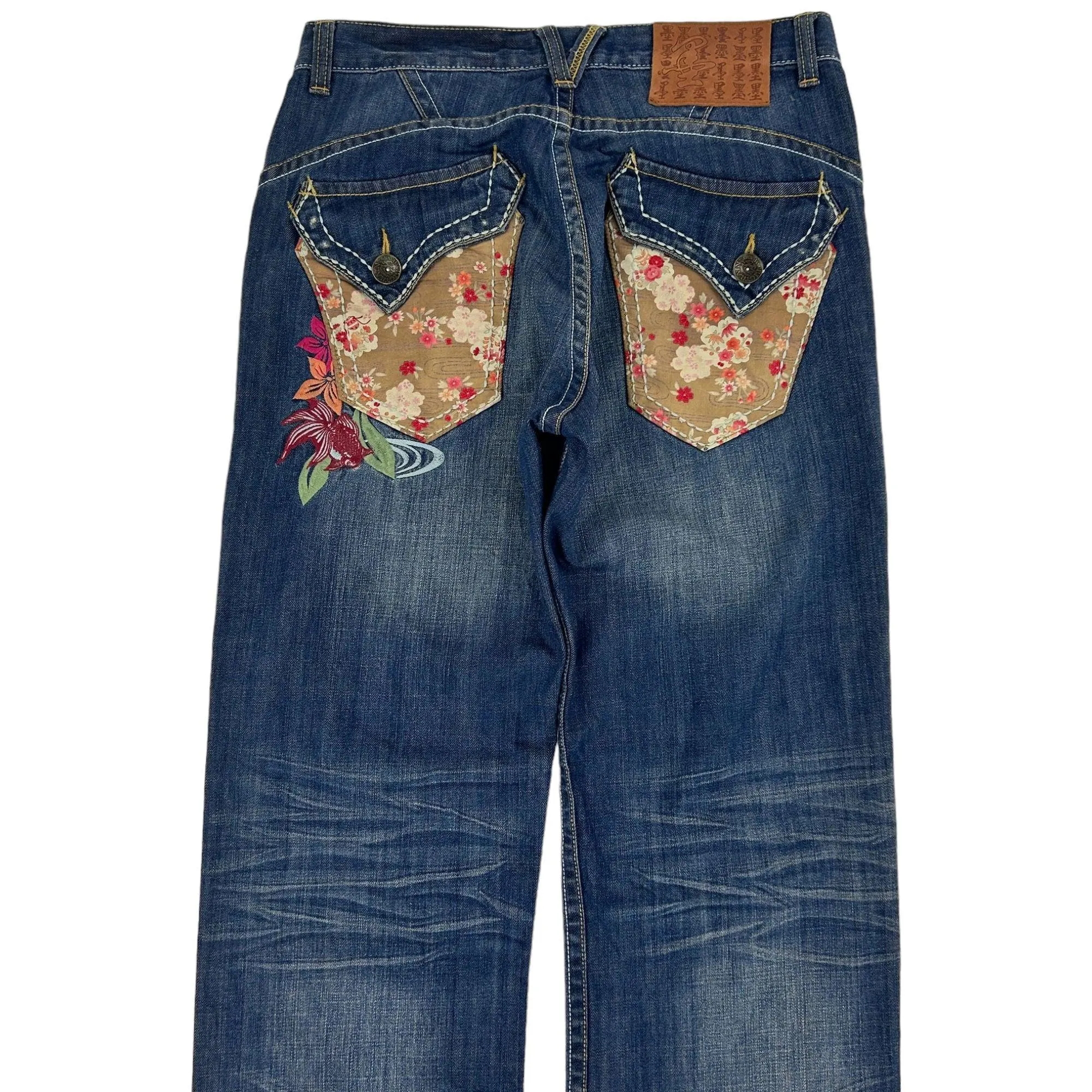 Vintage Flower Big Train Japanese Embroidered Distressed Denim Jeans Size W32