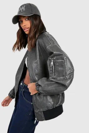 Vintage Look Faux Leather Oversized Bomber