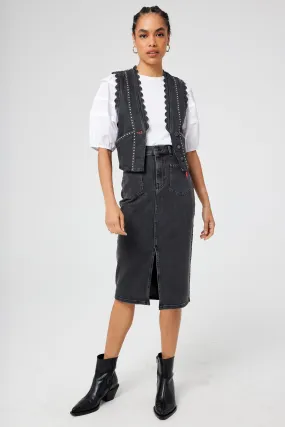 Washed Black Studded Denim Scallop Waistcoat