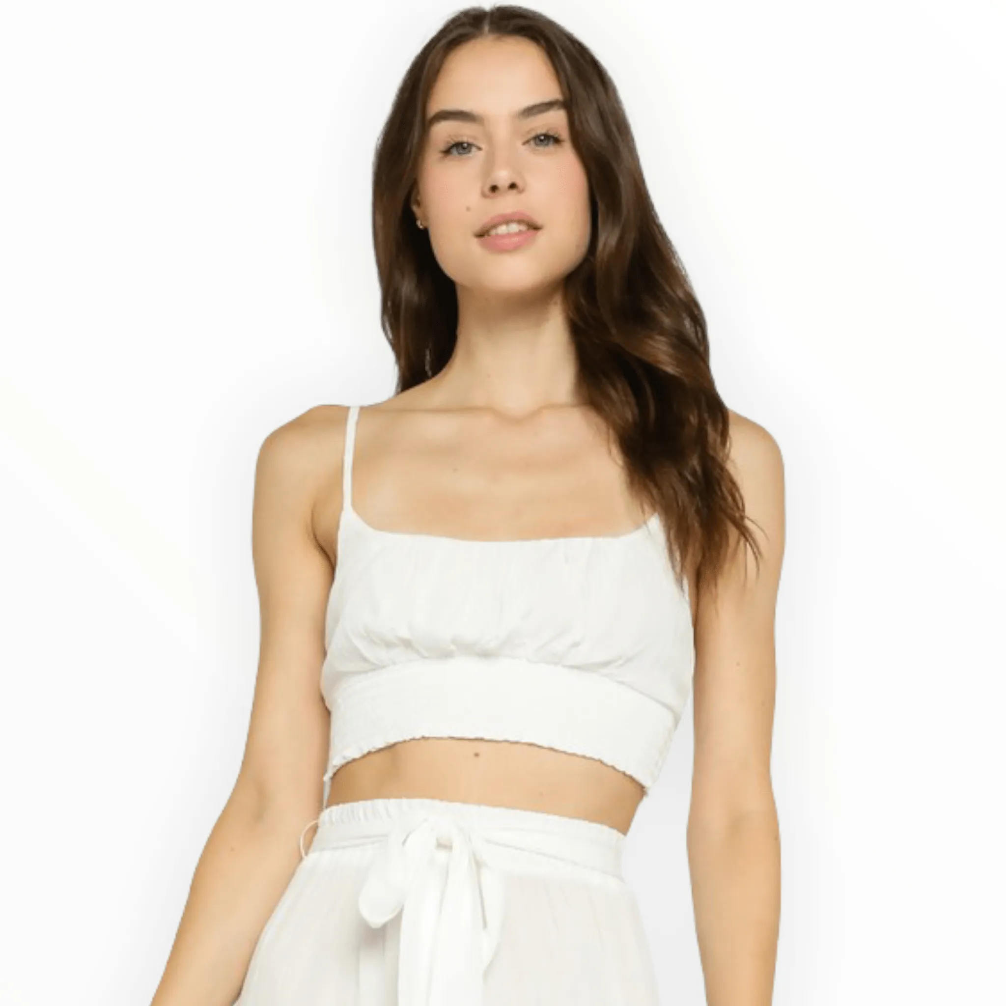 White cropped smocked tank top