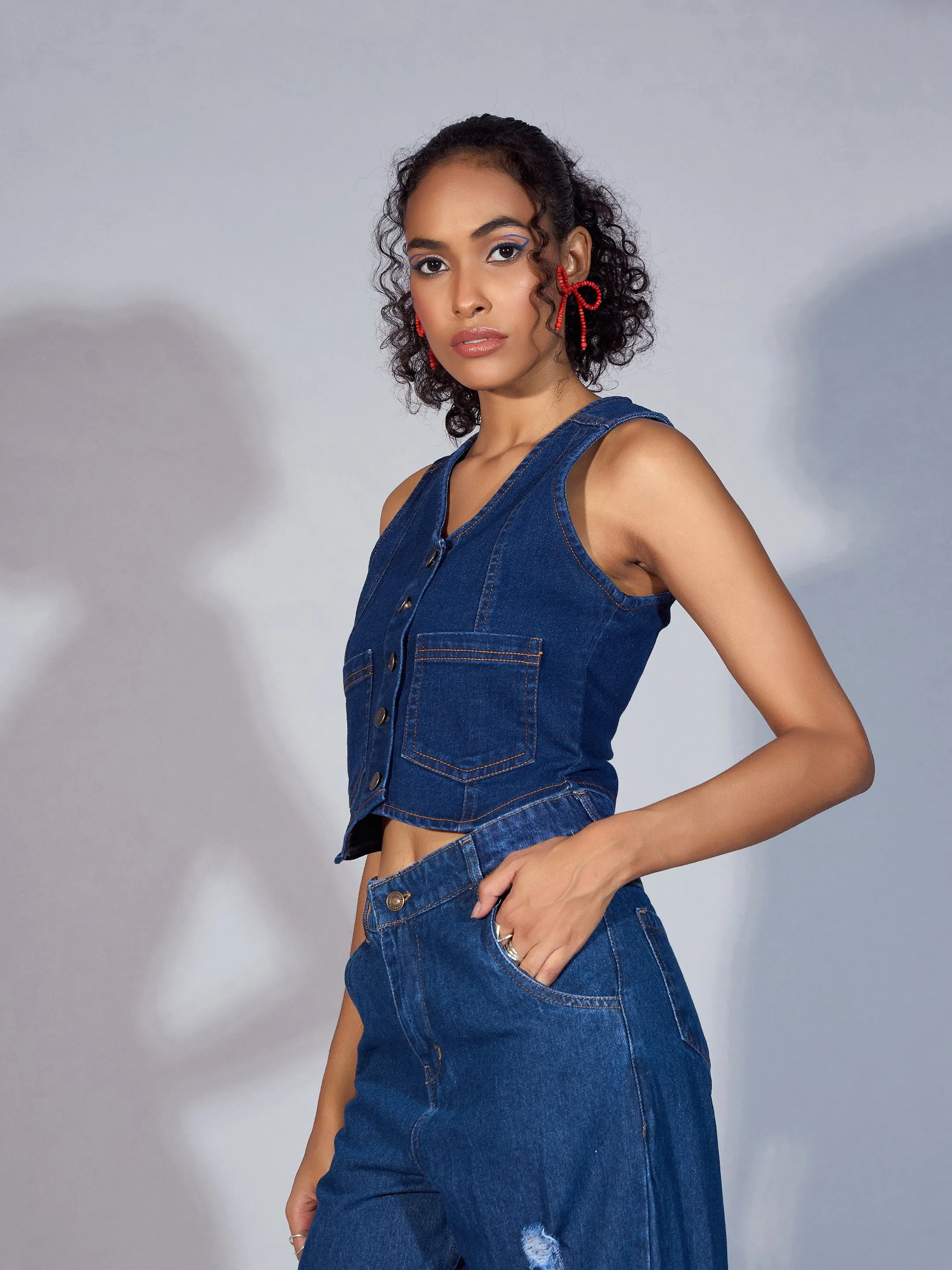 Women Blue Denim Waistcoat Top