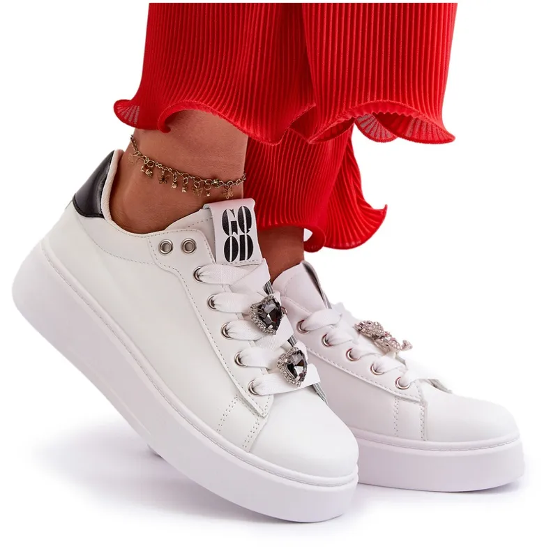 Women's Platform Sneakers With Heart Pins, White Azamia