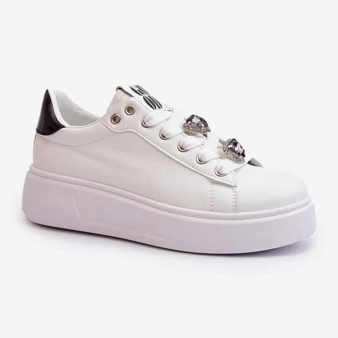 Women's Platform Sneakers With Heart Pins, White Azamia