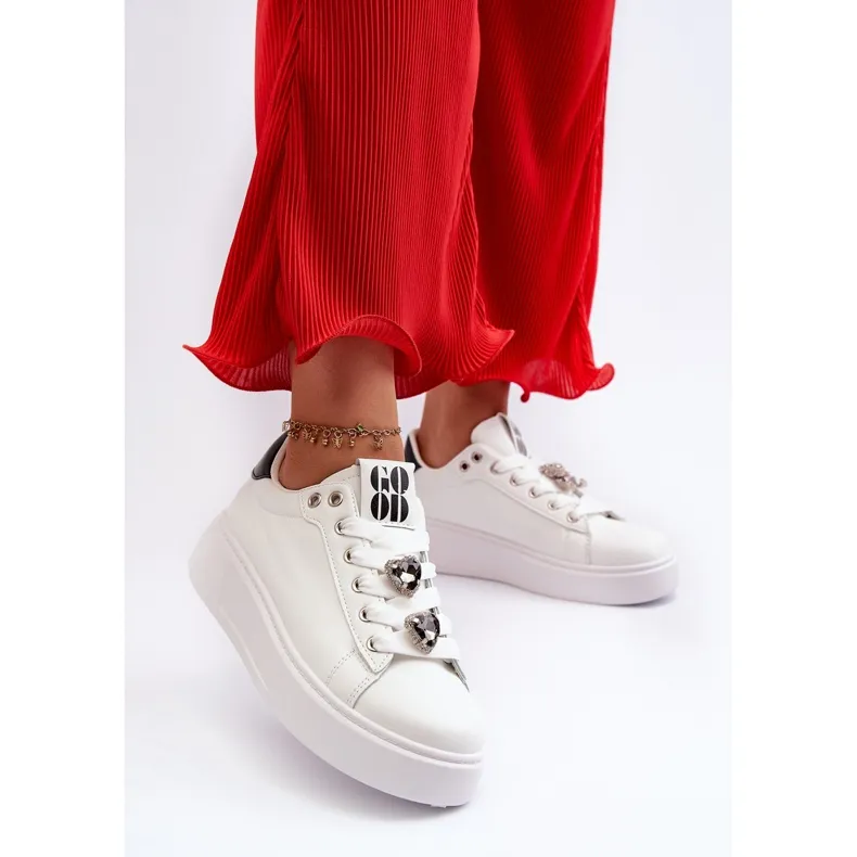 Women's Platform Sneakers With Heart Pins, White Azamia