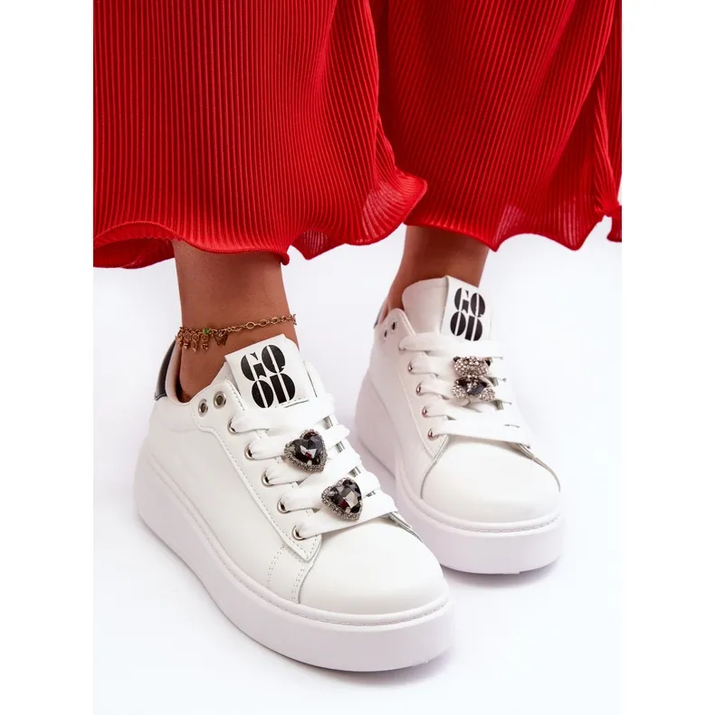 Women's Platform Sneakers With Heart Pins, White Azamia