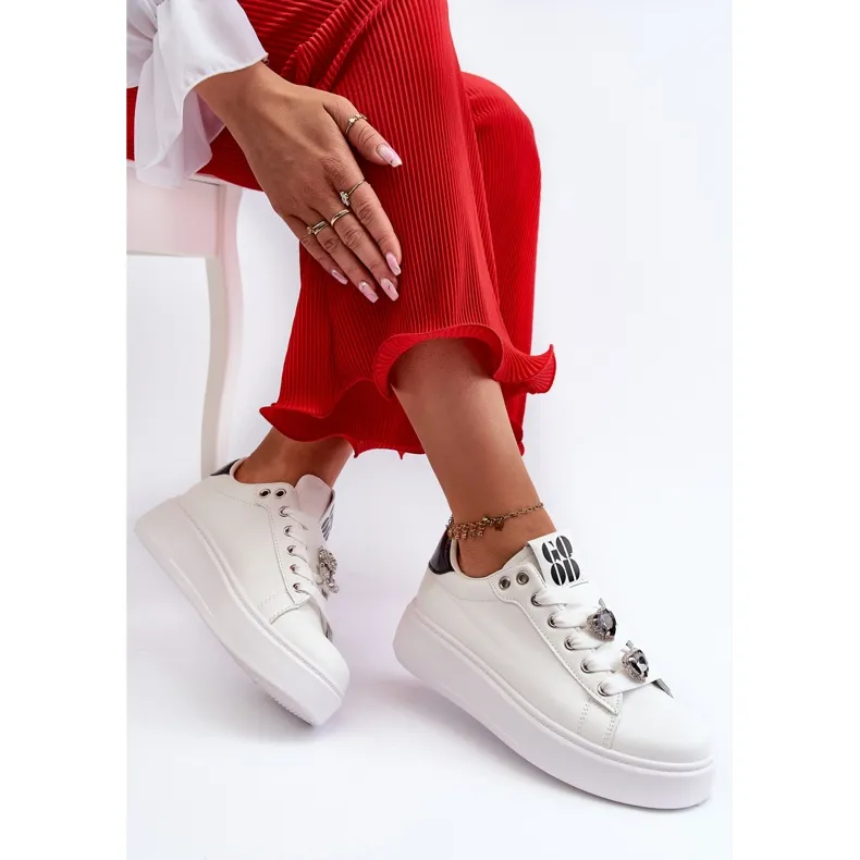 Women's Platform Sneakers With Heart Pins, White Azamia