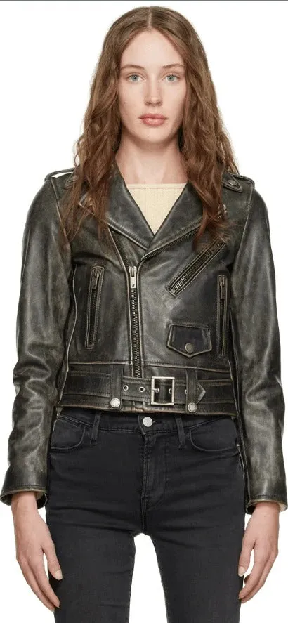 Womens Black Distressed Biker Leather Jacket with Asymmetrical Zip