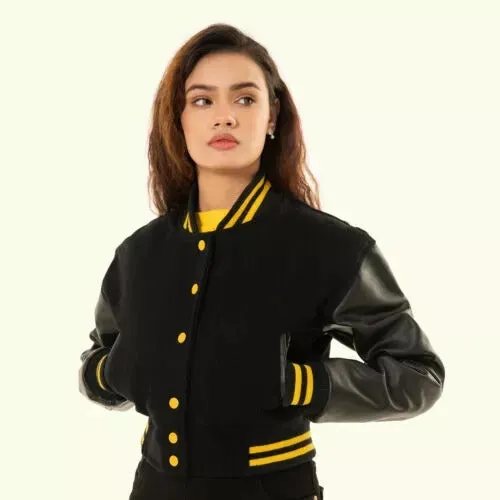 Women's Black Wool & Leather Cropped Baseball Moto Varsity Jacket