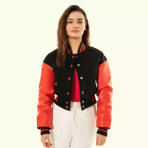 Women's Black Wool & Red Leather Cropped Varsity Biker Jacket