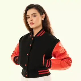 Women's Black Wool & Red Leather Cropped Varsity Biker Jacket