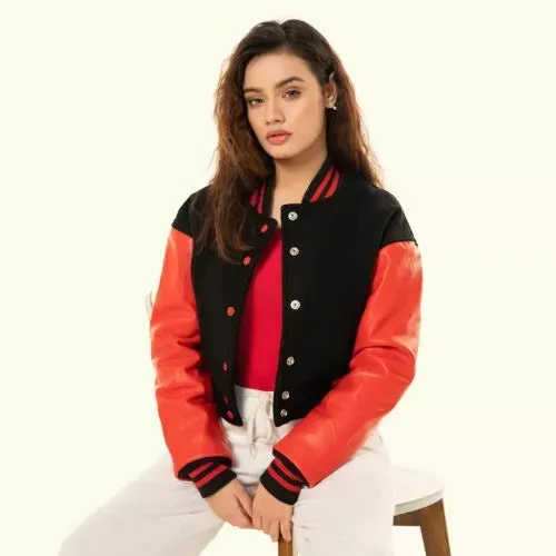 Women's Black Wool & Red Leather Cropped Varsity Biker Jacket