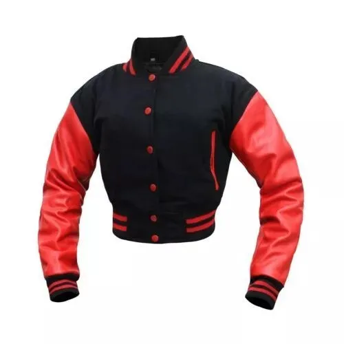 Women's Black Wool & Red Leather Cropped Varsity Biker Jacket