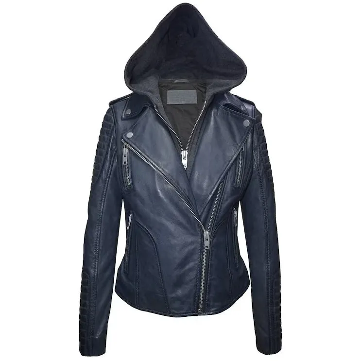 Women's Casual Biker Hooded Lambskin Leather Jacket