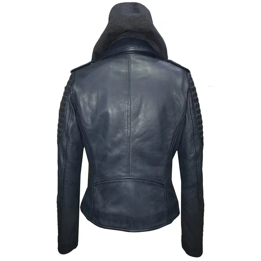 Women's Casual Biker Hooded Lambskin Leather Jacket