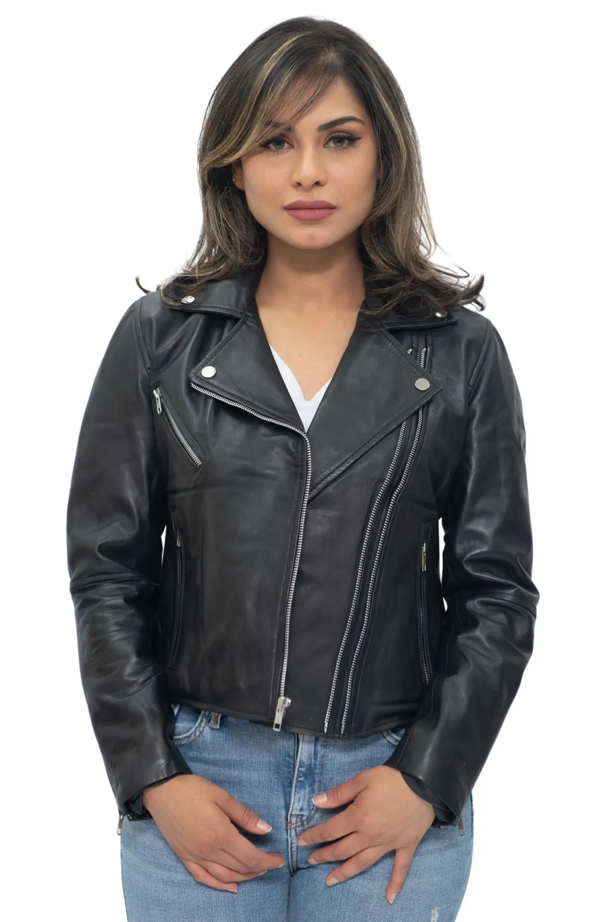 Womens Classic Nappa Leather Retro Biker Jacket-Bergen