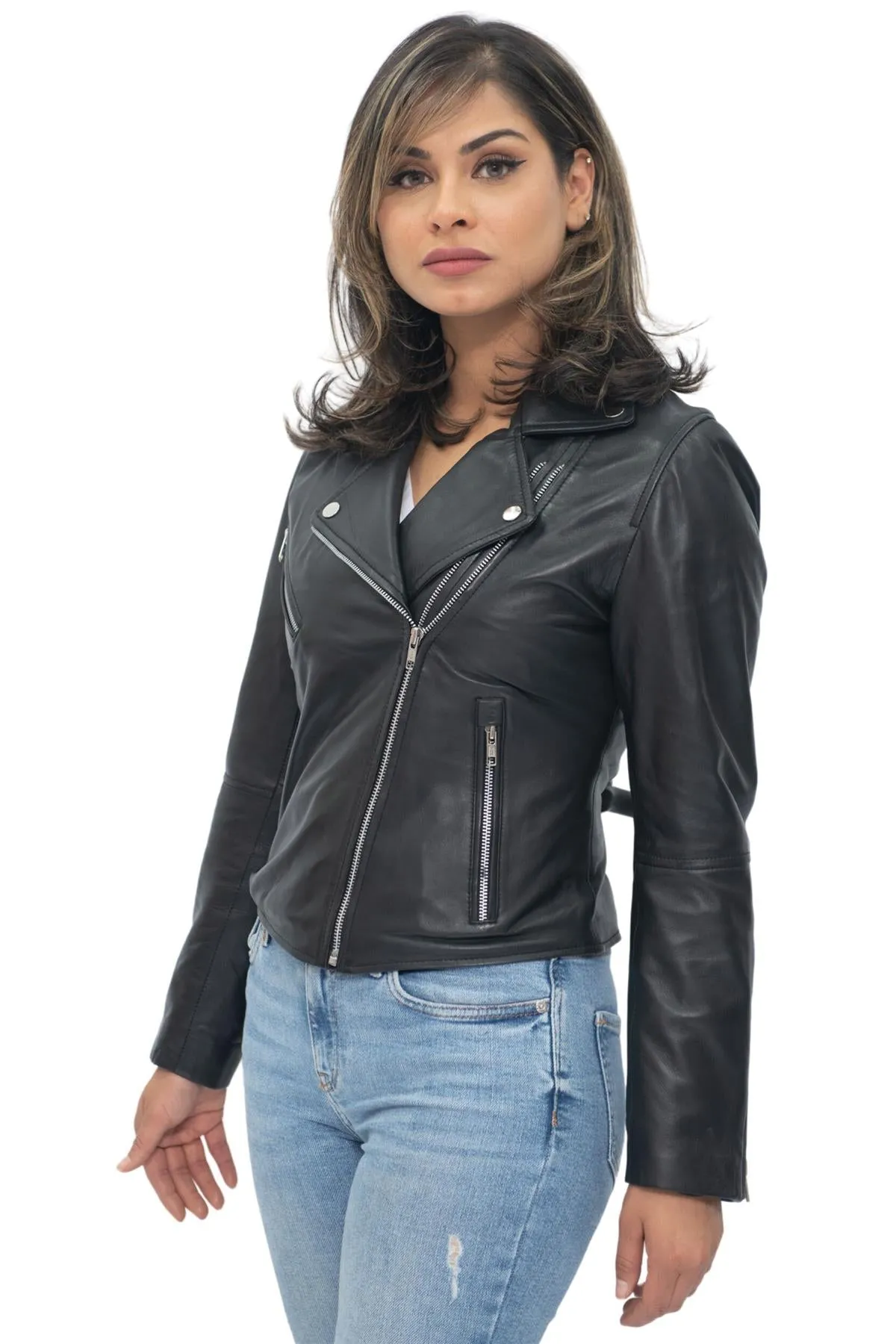 Womens Classic Nappa Leather Retro Biker Jacket-Bergen