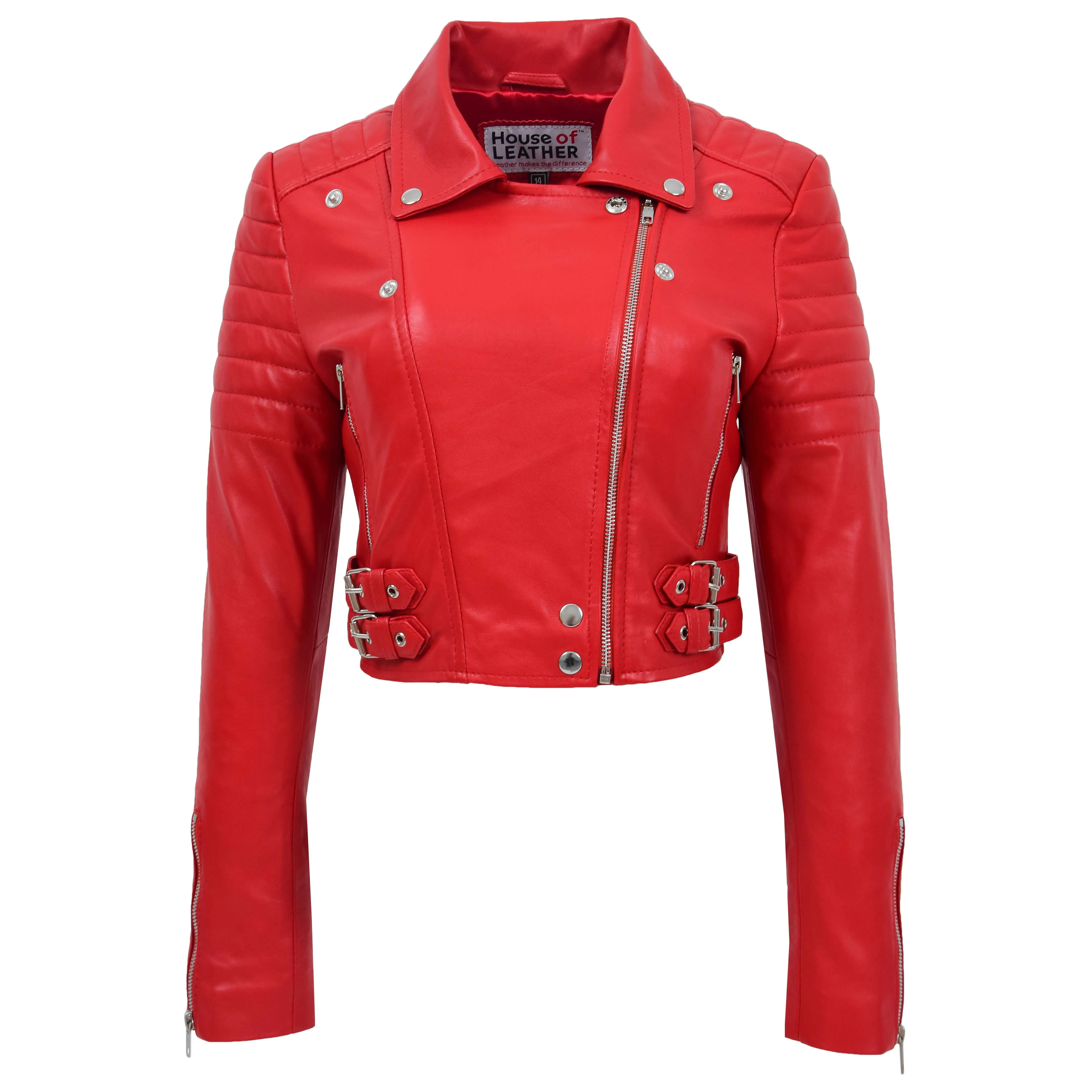 Womens Leather Cropped Biker Style Jacket Demi Red