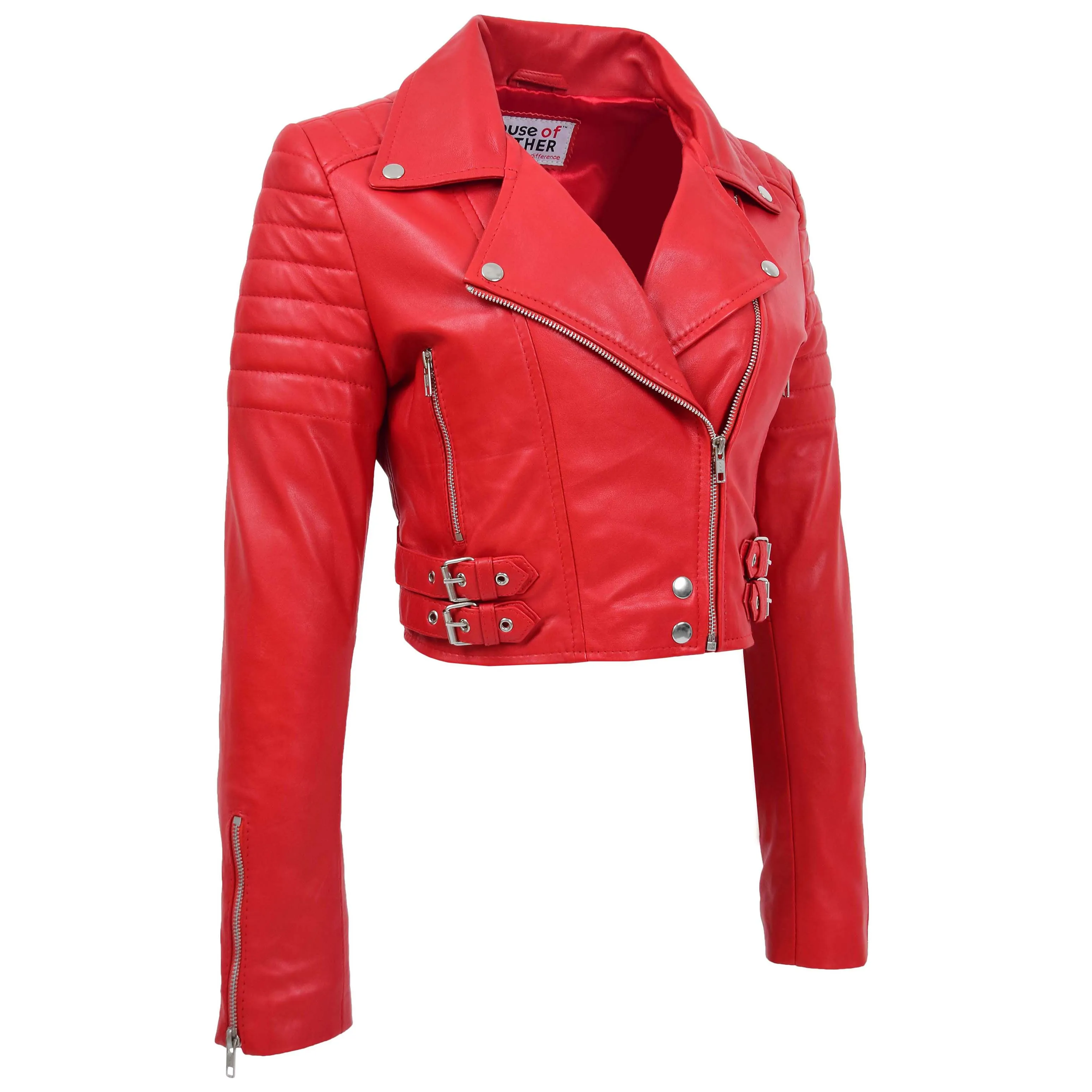 Womens Leather Cropped Biker Style Jacket Demi Red