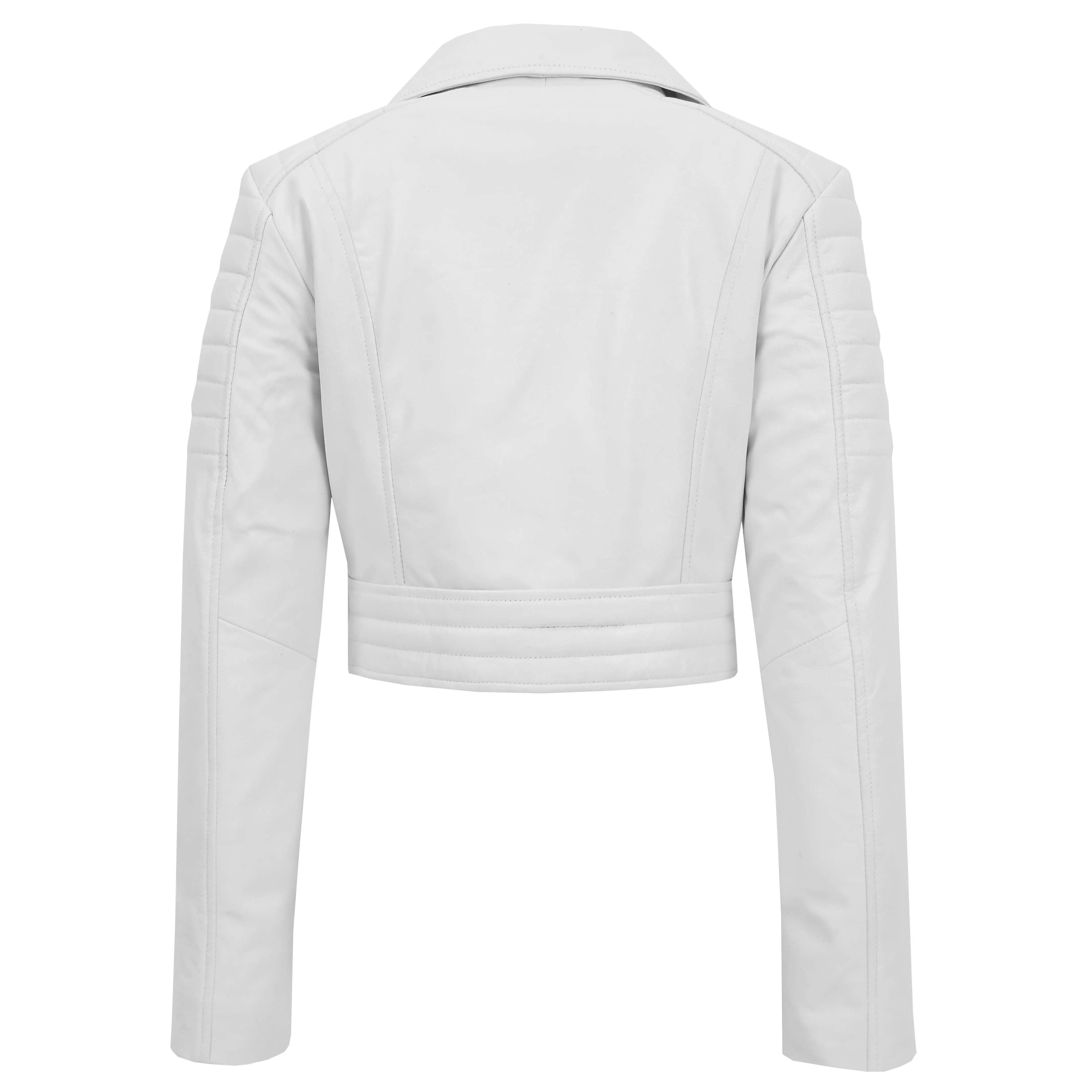 Womens Leather Cropped Biker Style Jacket Demi White