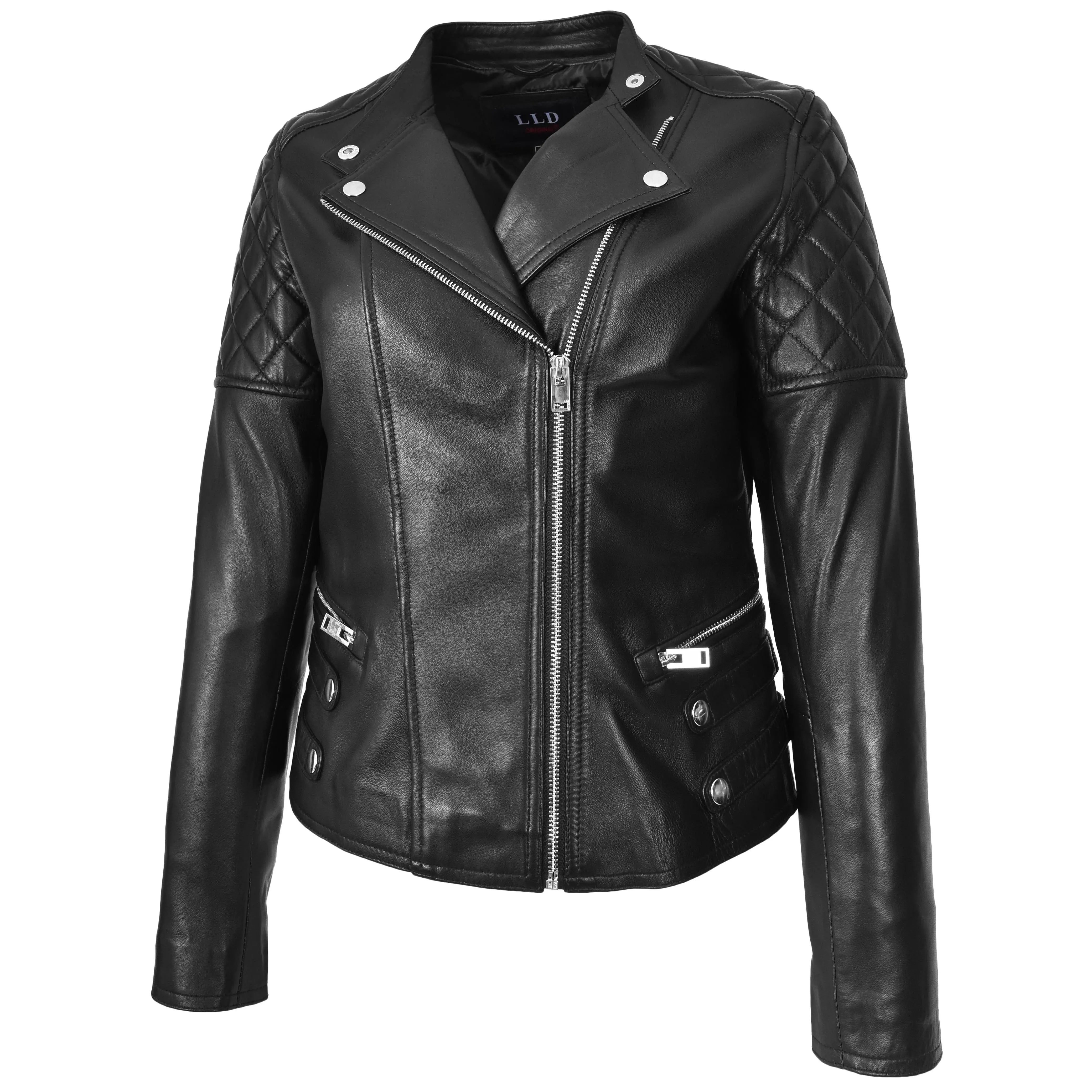 Womens Real Leather Biker Jacket Classic Cross Zip Style Molly Black