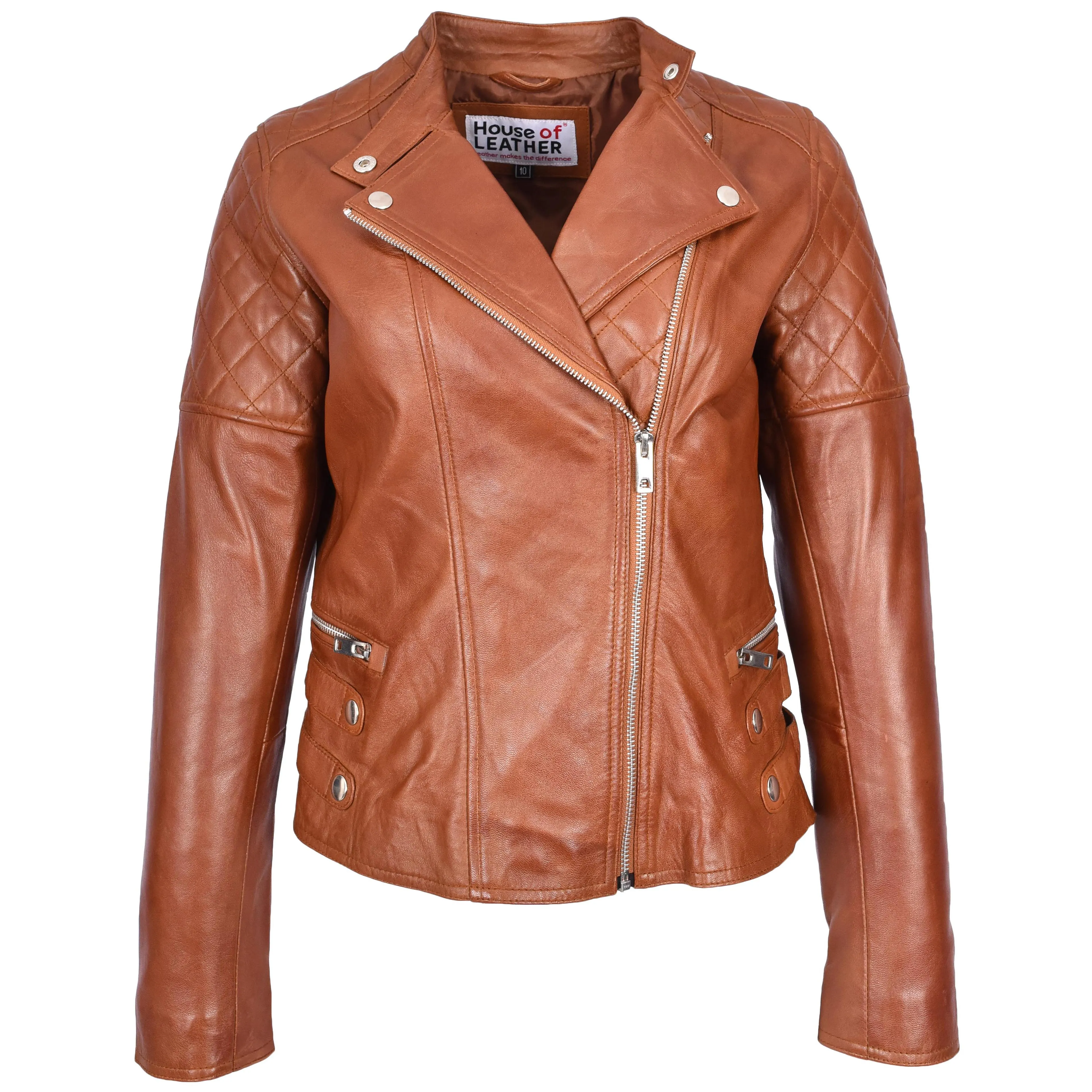 Womens Real Leather Biker Jacket Classic Cross Zip Style Molly Chestnut Tan