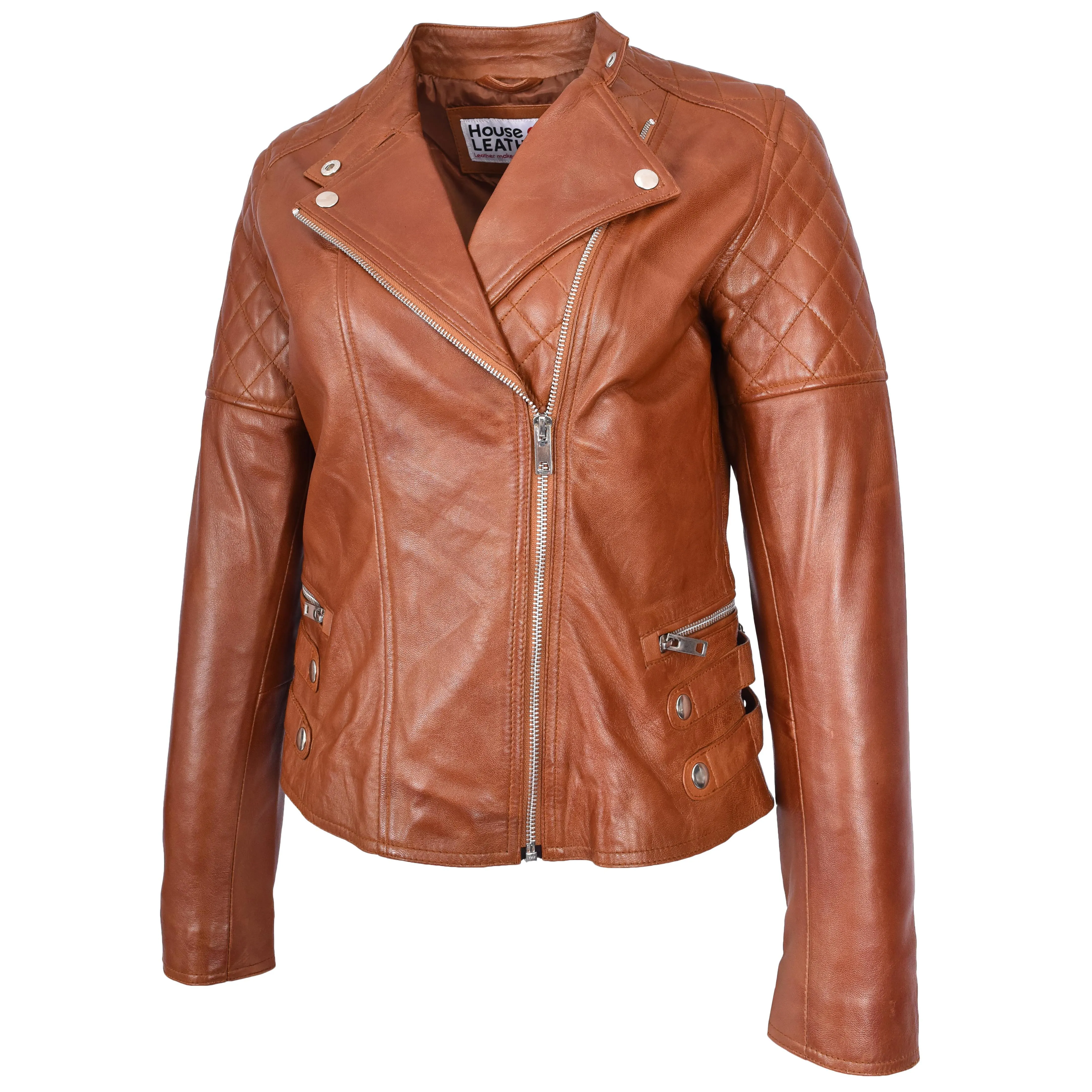 Womens Real Leather Biker Jacket Classic Cross Zip Style Molly Chestnut Tan