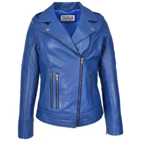 Womens Real Leather Biker Jacket Cross Zip Style Pam Blue