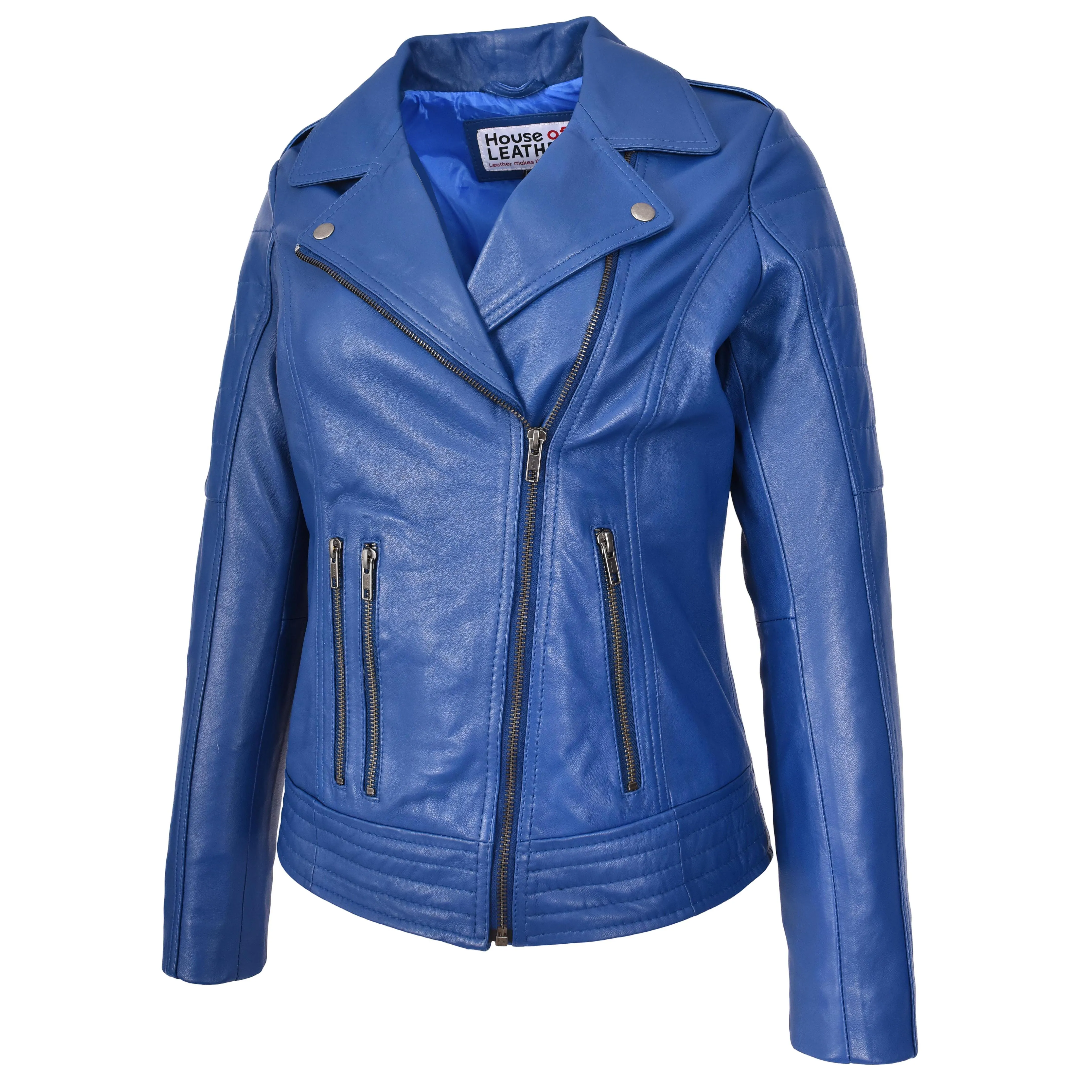 Womens Real Leather Biker Jacket Cross Zip Style Pam Blue