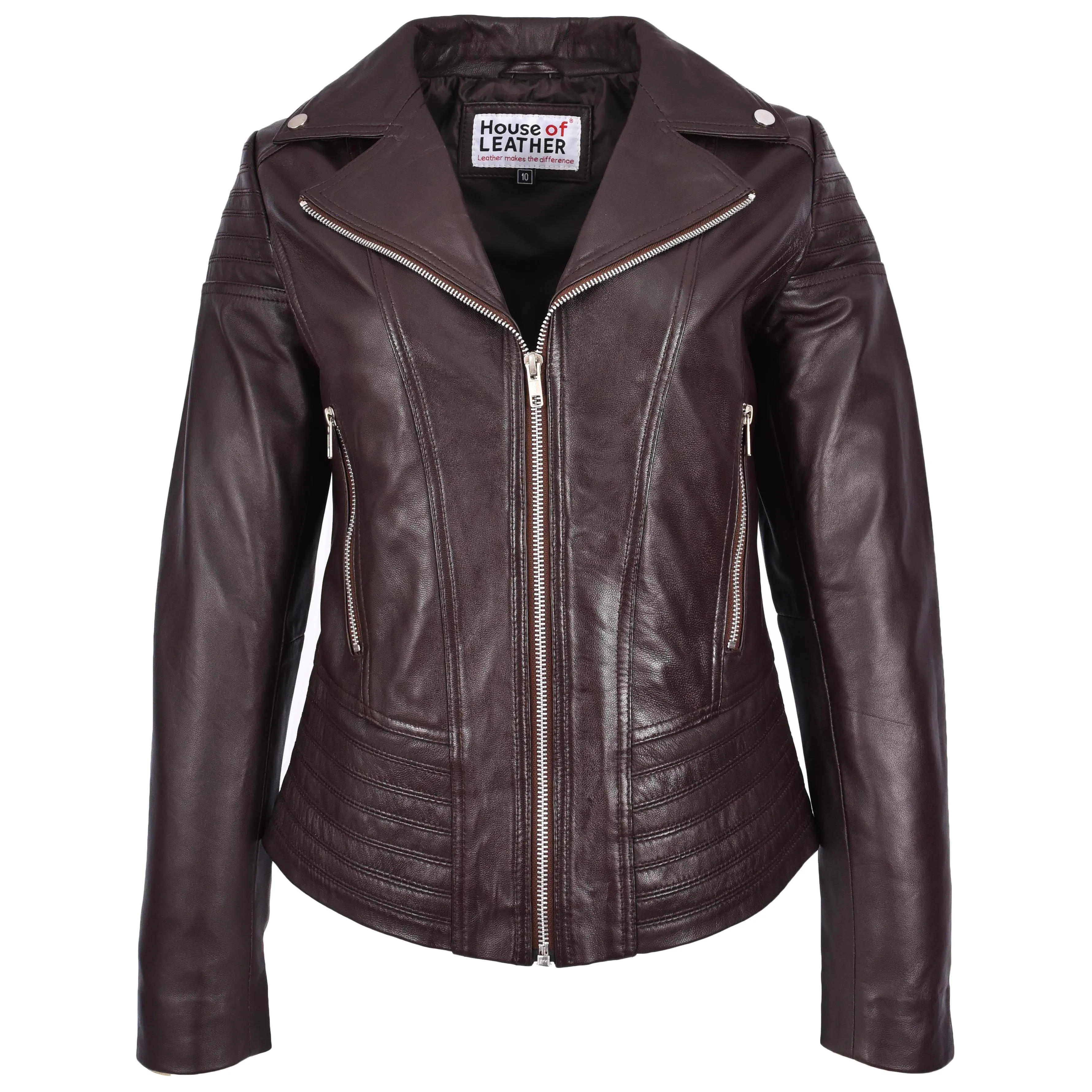 Womens Real Leather Biker Jacket Trendy Fitted Casual Style Emily Brown