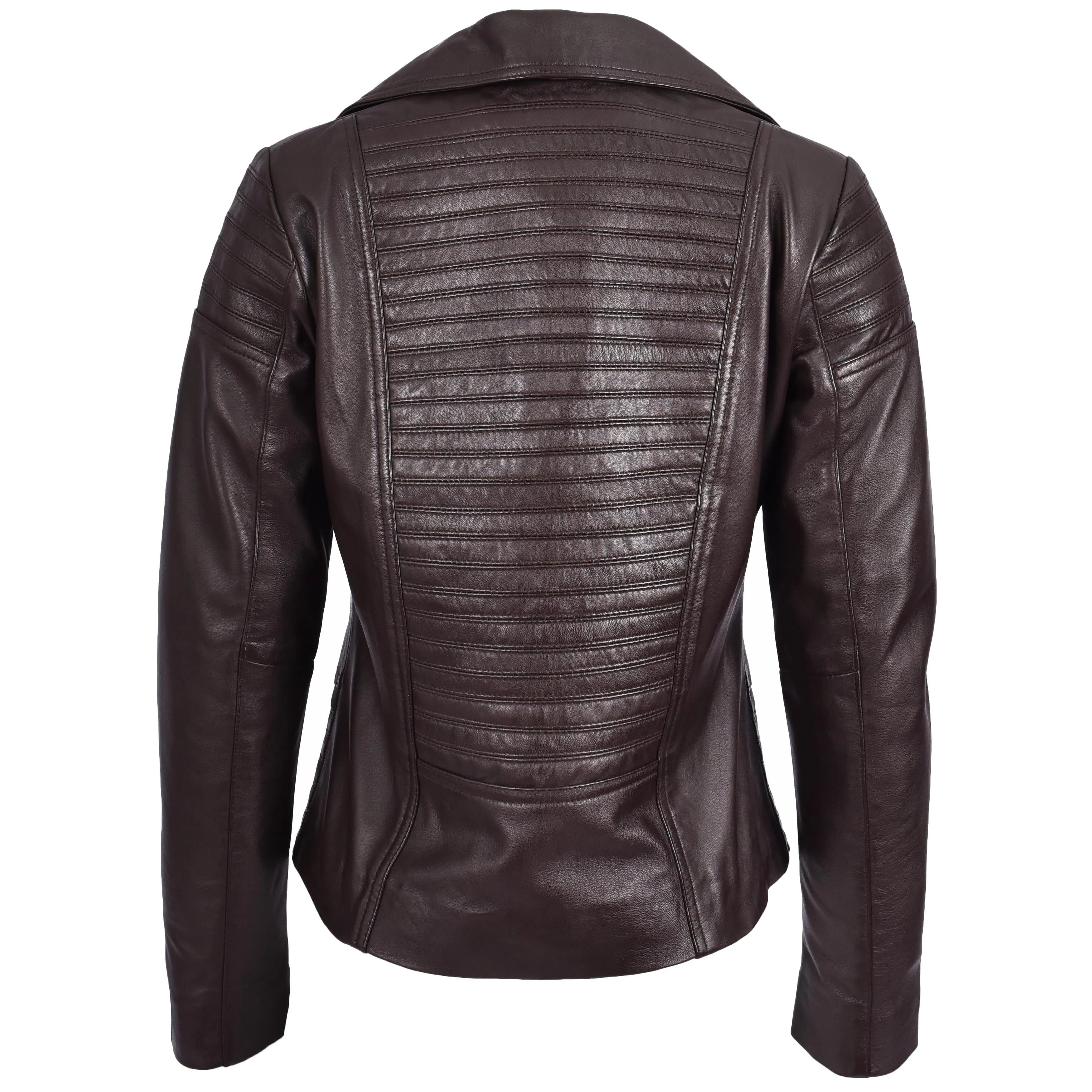 Womens Real Leather Biker Jacket Trendy Fitted Casual Style Emily Brown