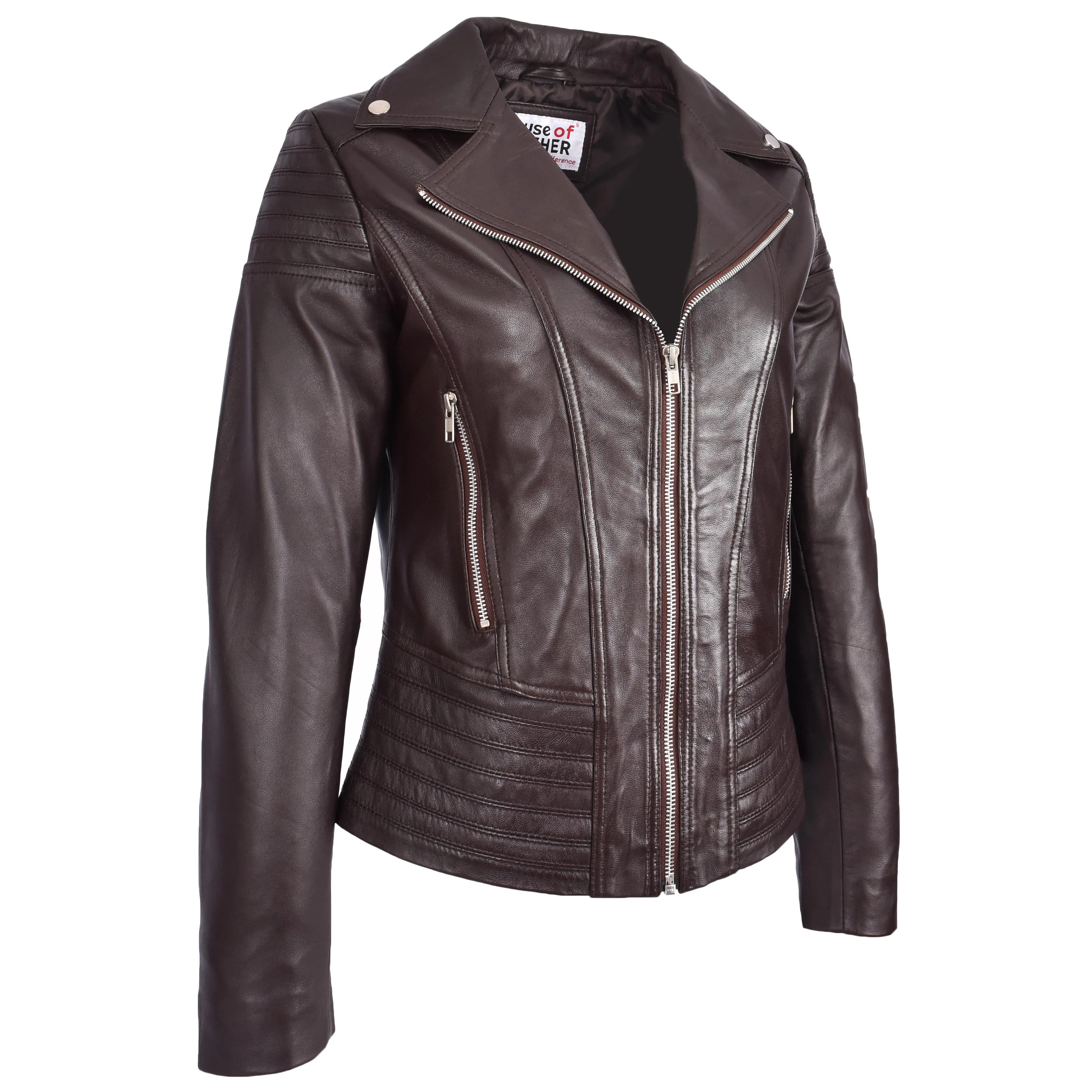 Womens Real Leather Biker Jacket Trendy Fitted Casual Style Emily Brown