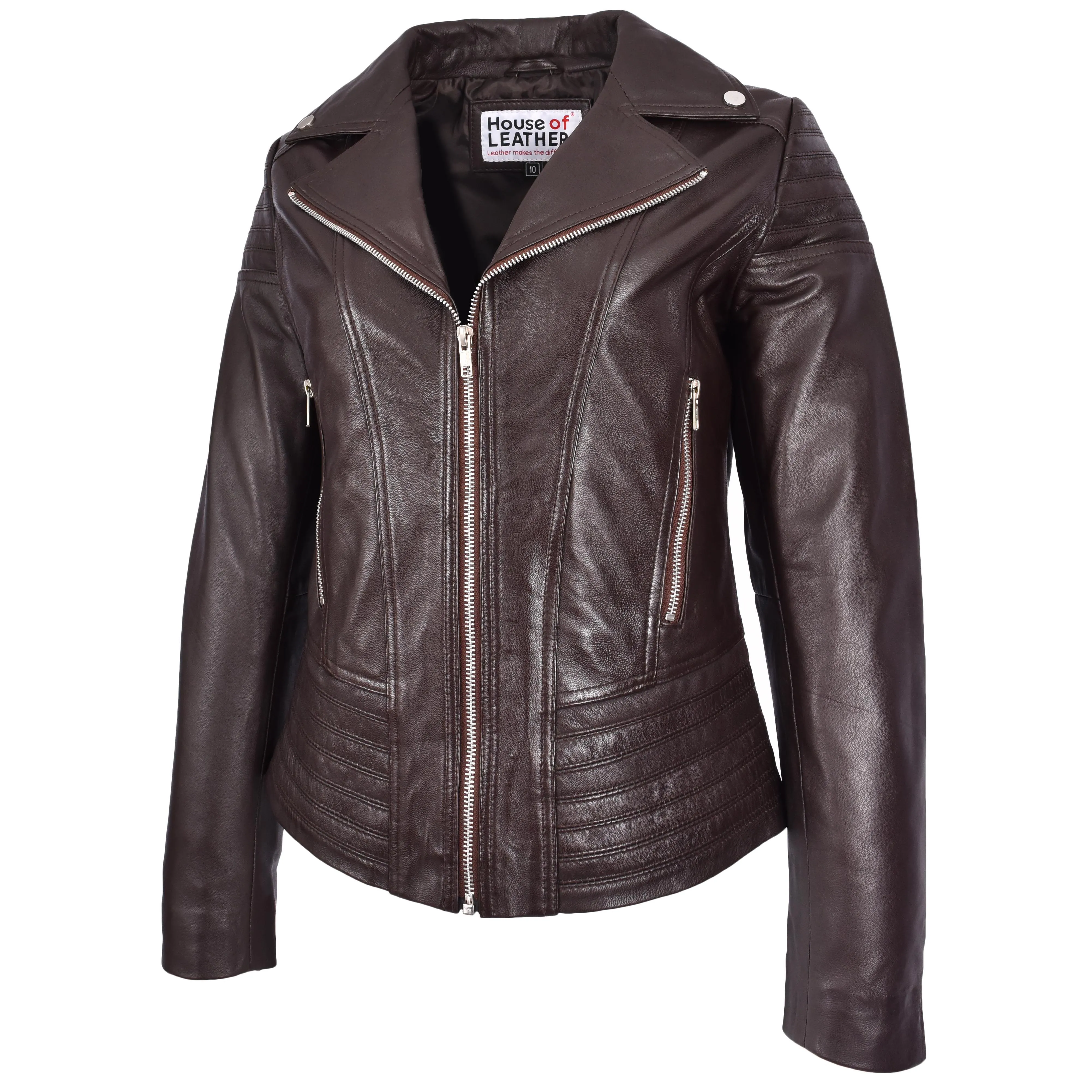 Womens Real Leather Biker Jacket Trendy Fitted Casual Style Emily Brown