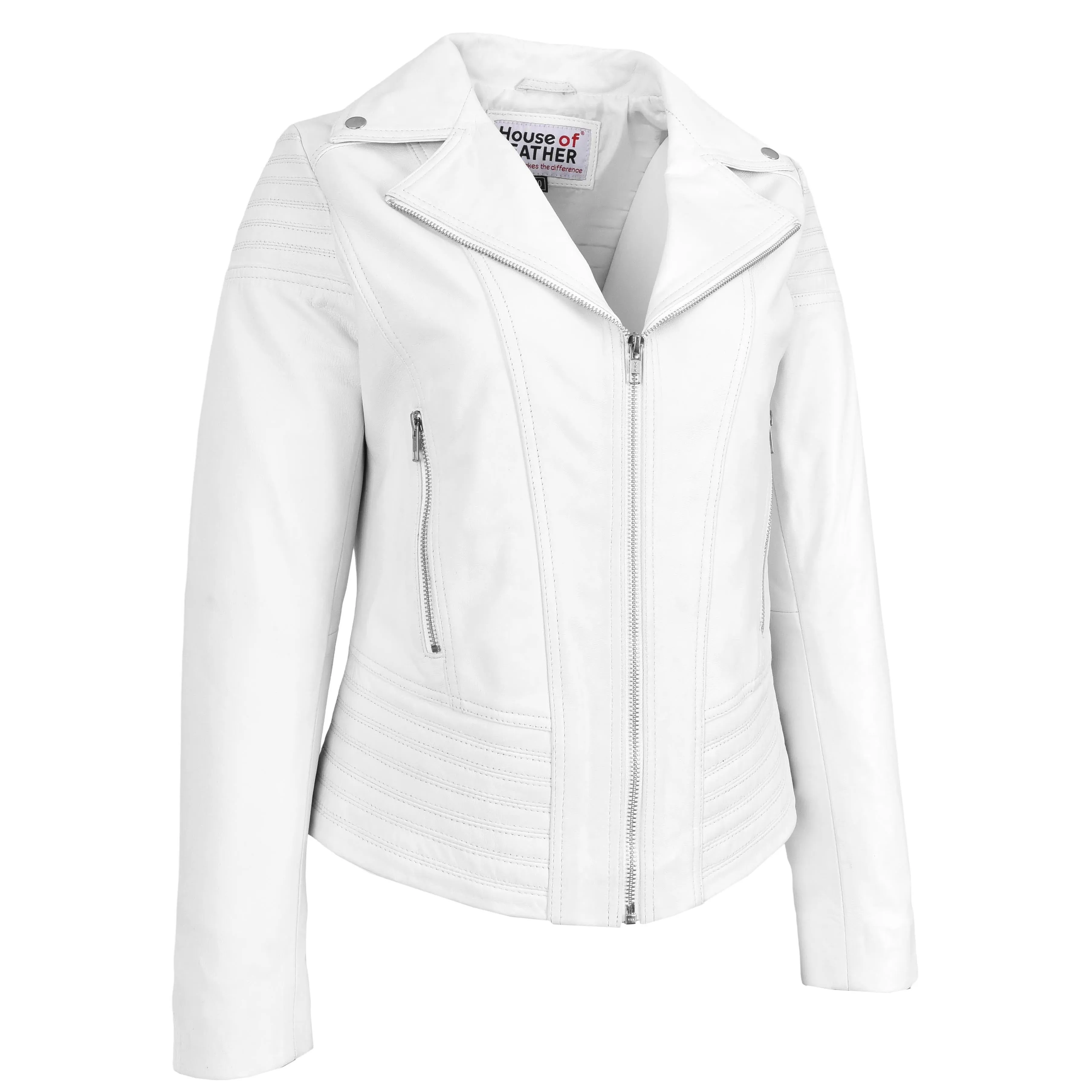 Womens Real Leather Biker Jacket Trendy Fitted Casual Style Emily White