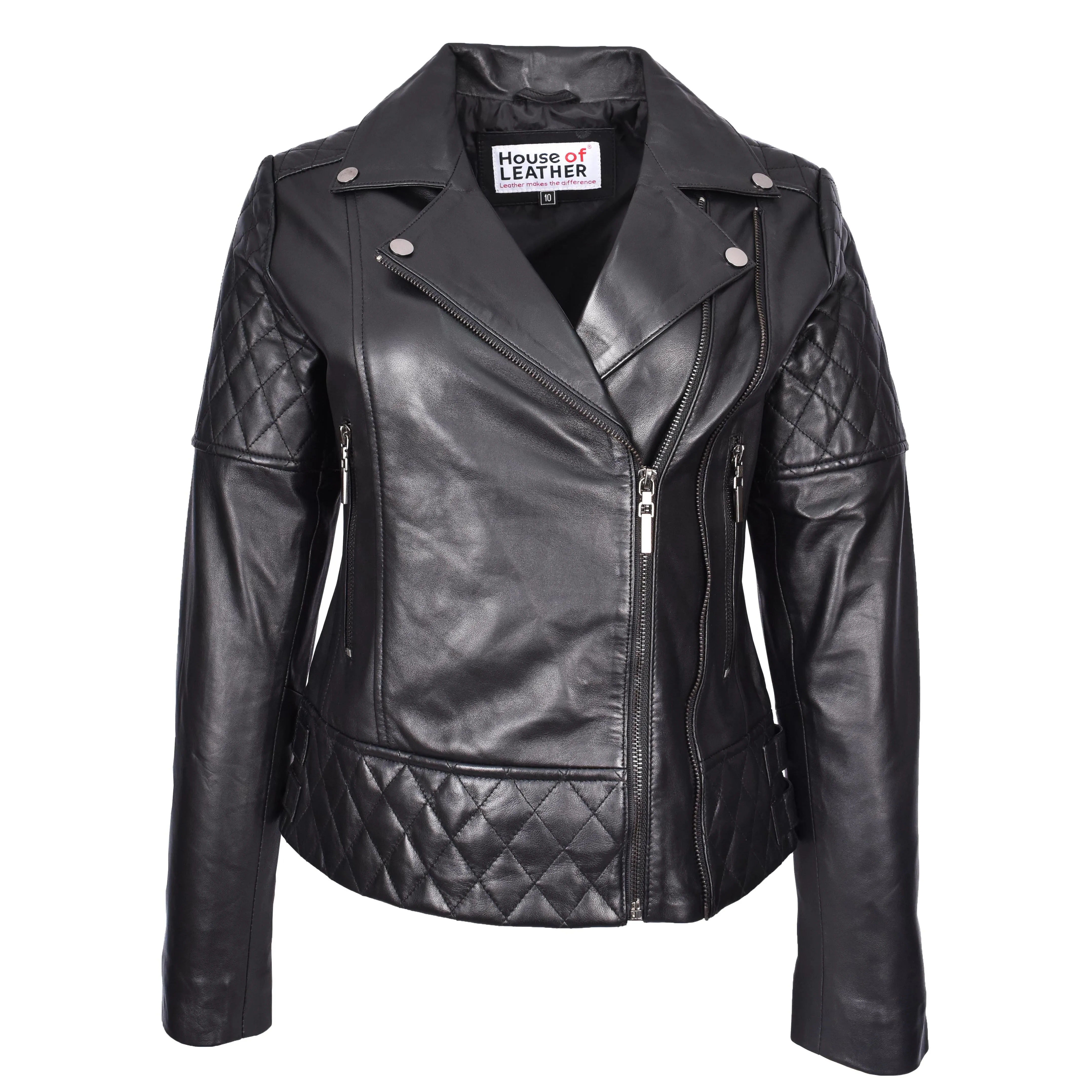 Women's Real Leather Jacket Multi Cross Zip Biker Style Fitted Quilted Nixi Black