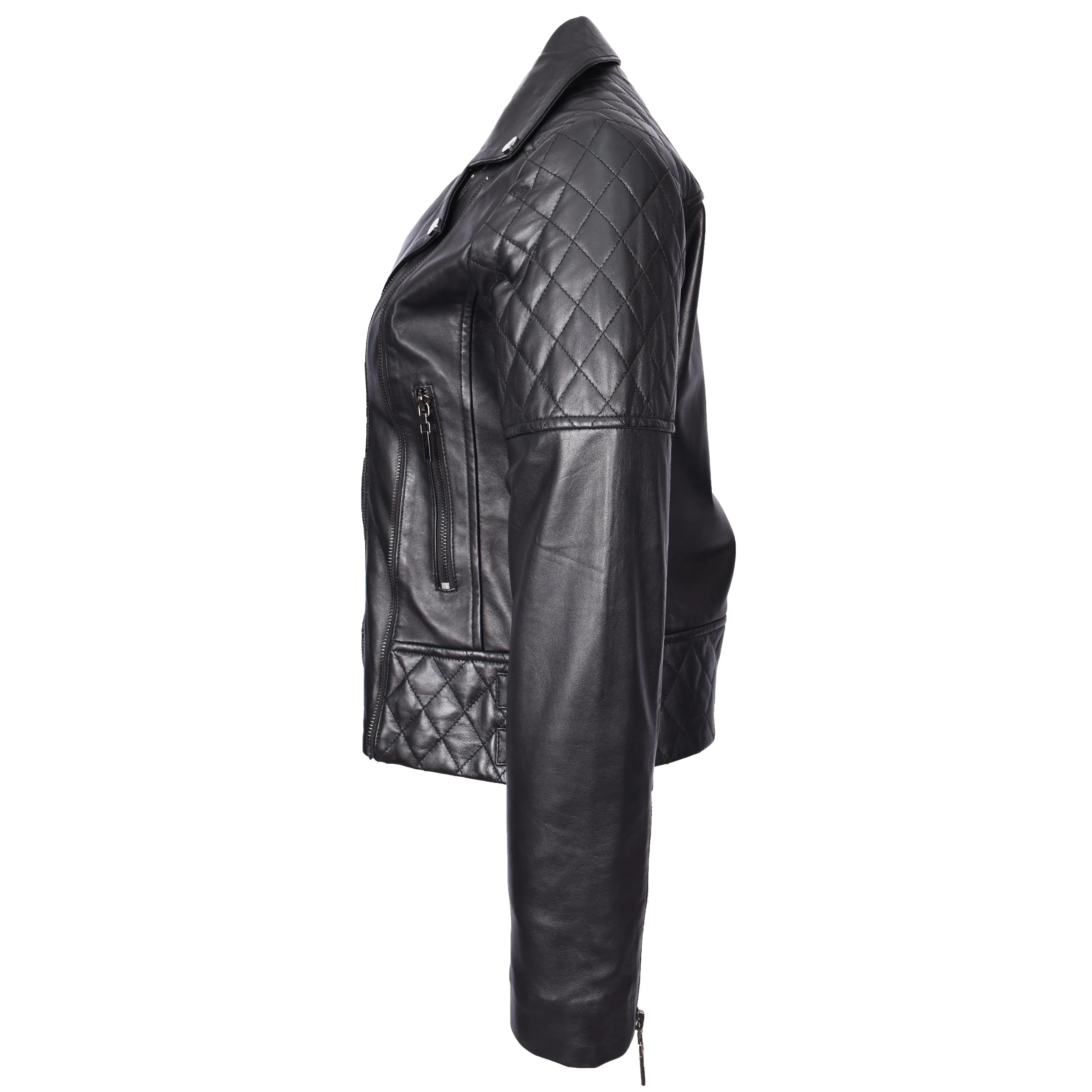 Women's Real Leather Jacket Multi Cross Zip Biker Style Fitted Quilted Nixi Black