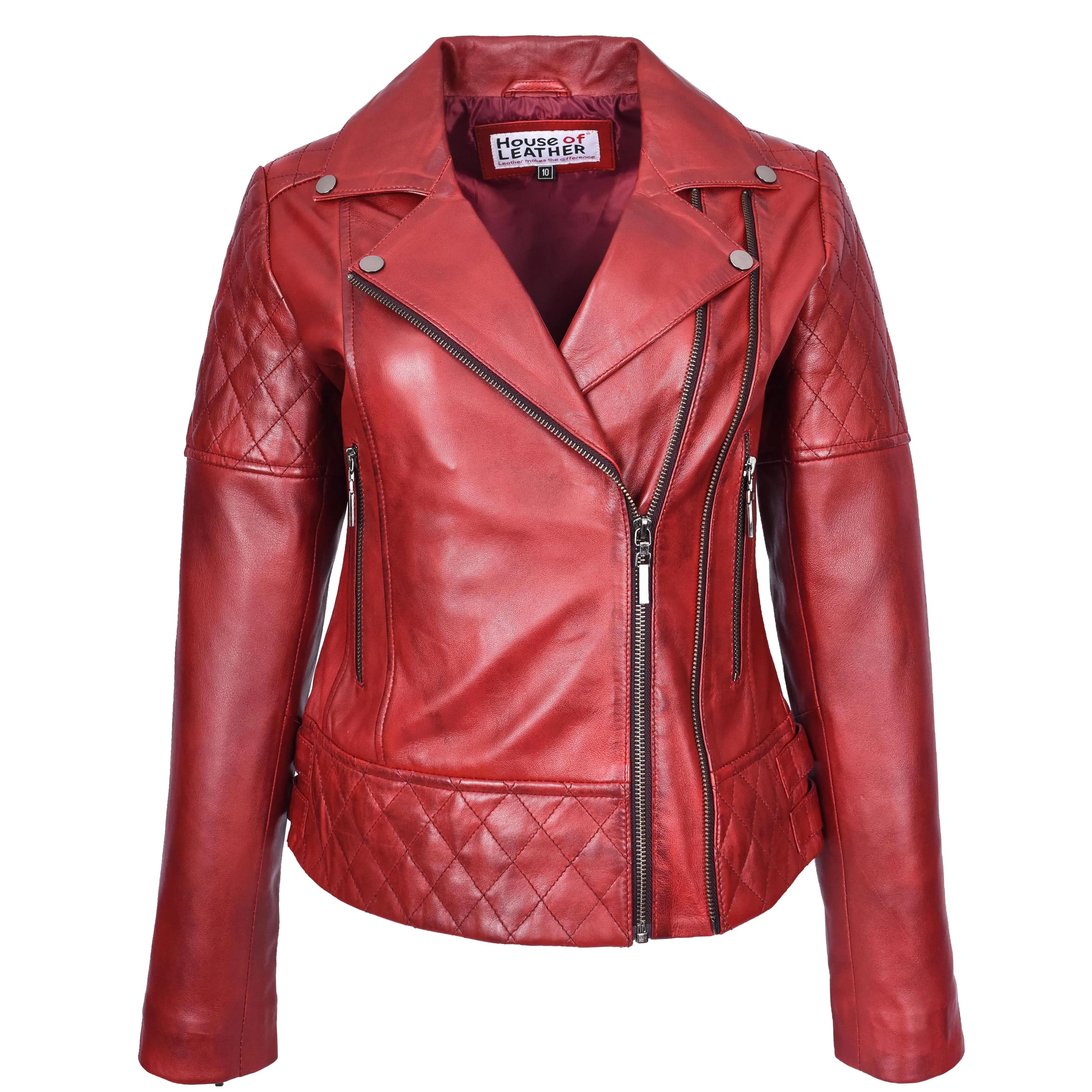 Women's Real Leather Jacket Multi Cross Zip Biker Style Fitted Quilted Nixi Burnish Red