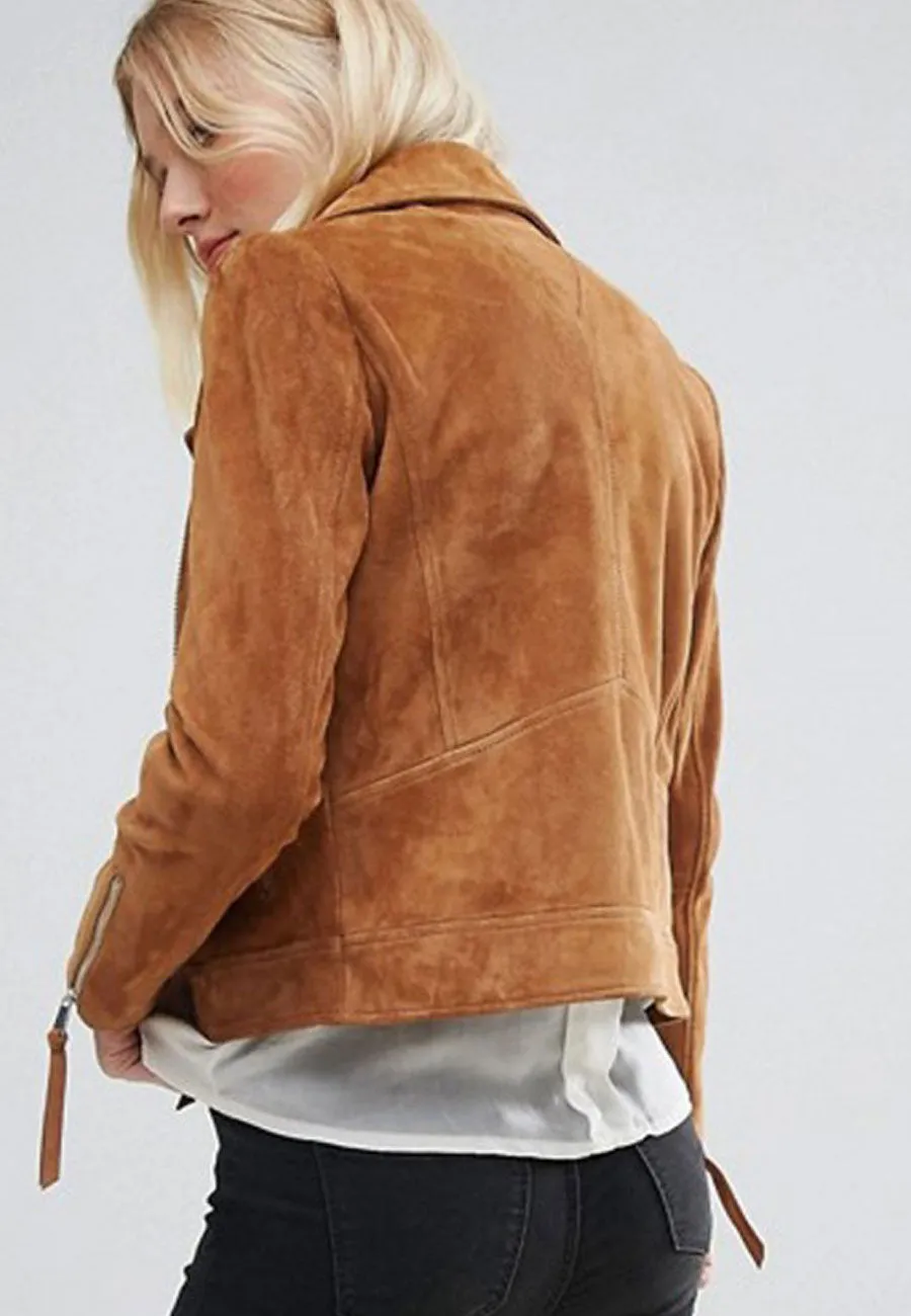 Women’s Tan Brown Suede Leather Biker Jacket