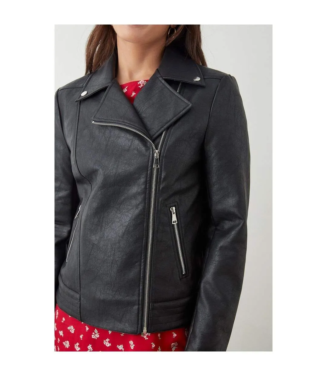 Womens/ladies faux leather tall biker jacket black Dorothy Perkins