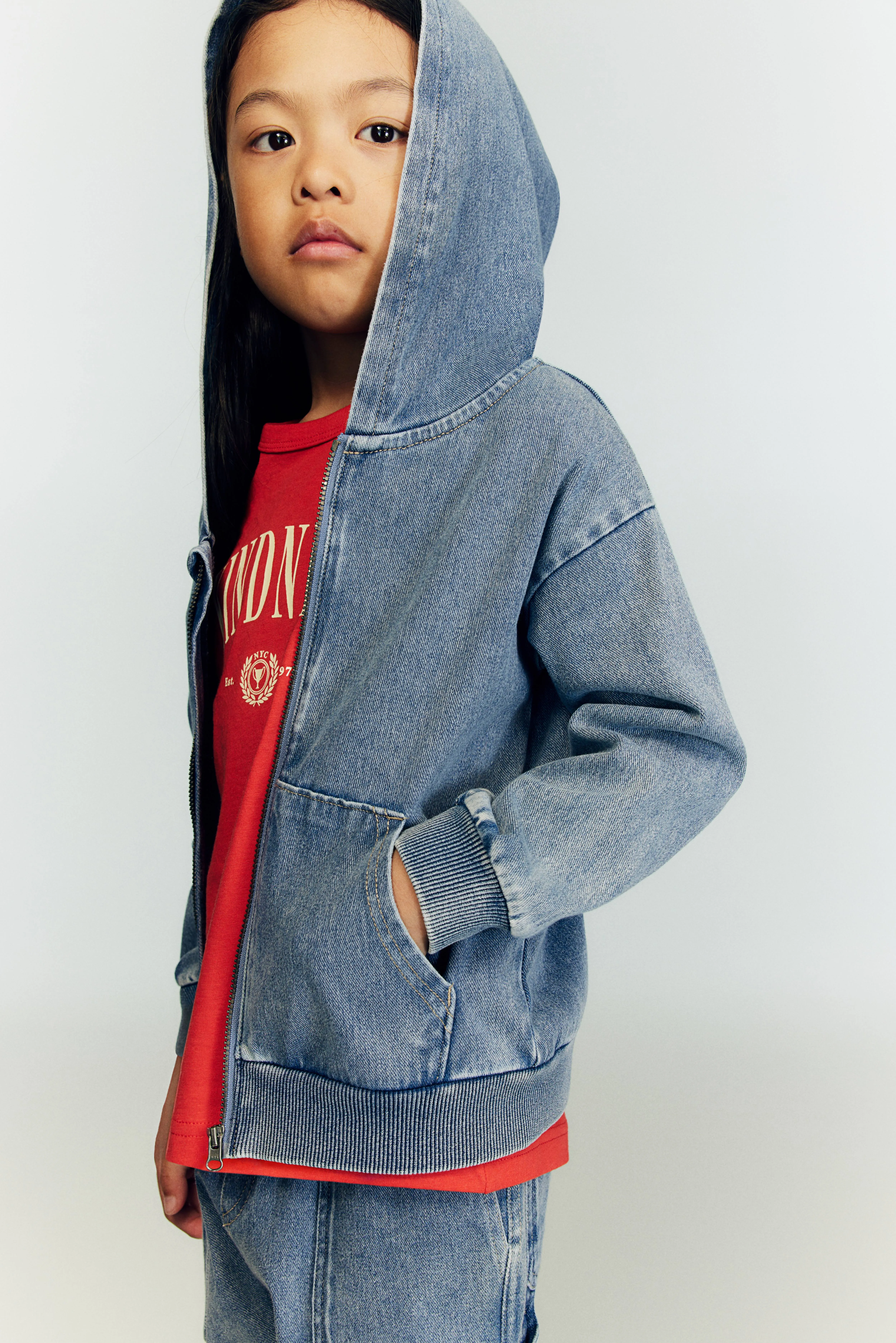 Zip-through twill hoodie - V-neck - Long sleeve - Blue - Kids | H&M GB